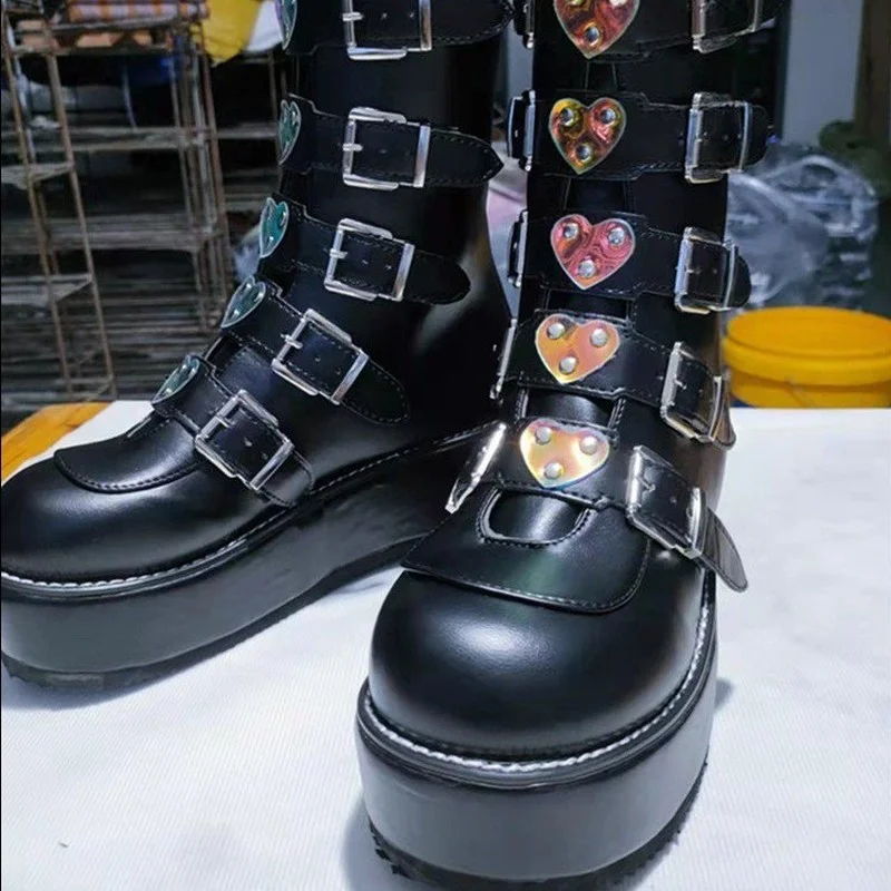 Autumn Winter Plus Size 43 Fashion Cool Street Buckles Goth Winter Platform Motorcycles Boots Halloween Cosplay Black Woman Shoe