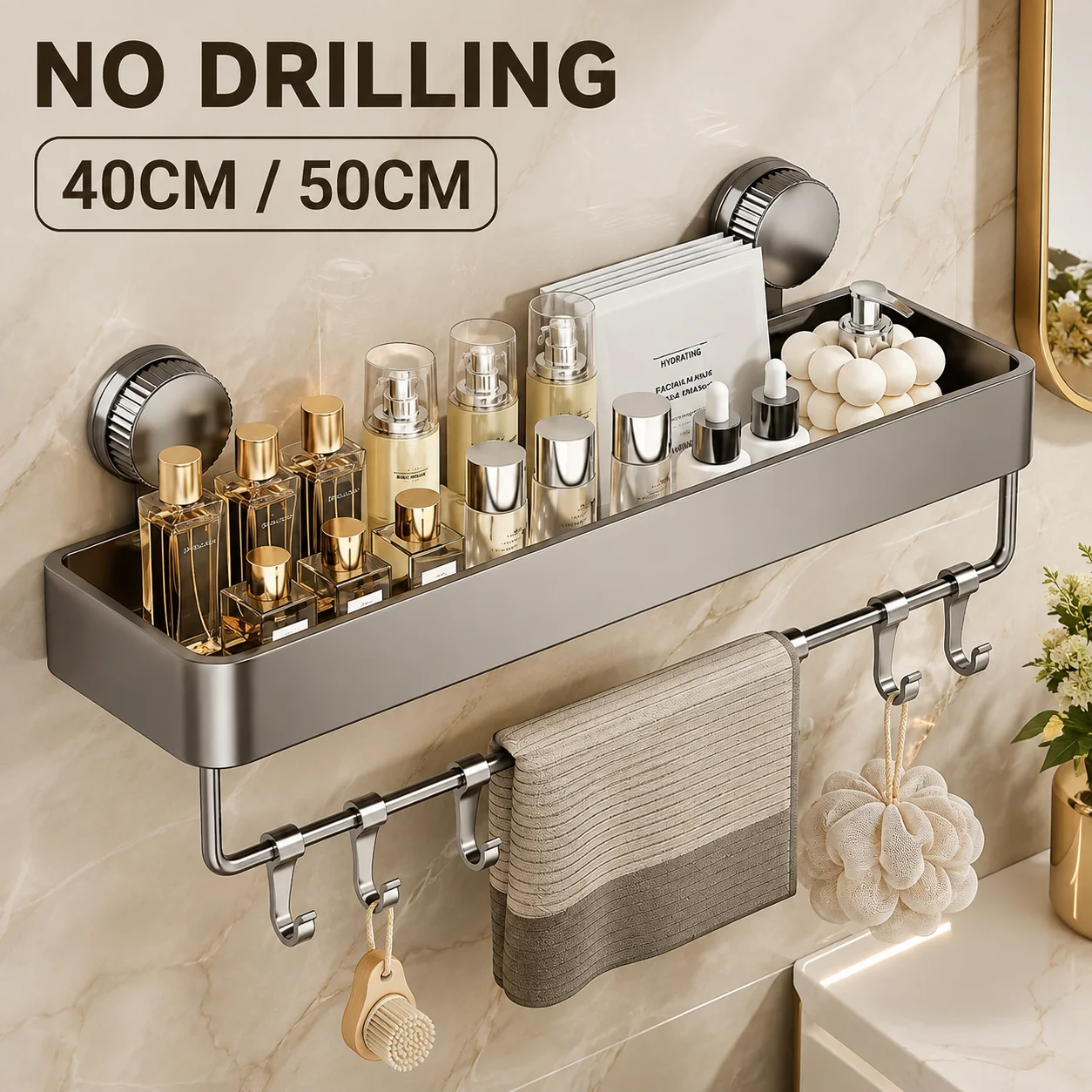 Heavy-Duty Suction Cup Shower Shelf – Wall-Mounted Floating Shelf with Quick-Adhesive Mount; Space-Saving Organizer for Shampoo and Soap; Suitable for Bathtubs, Shower Stalls, and Rentals.