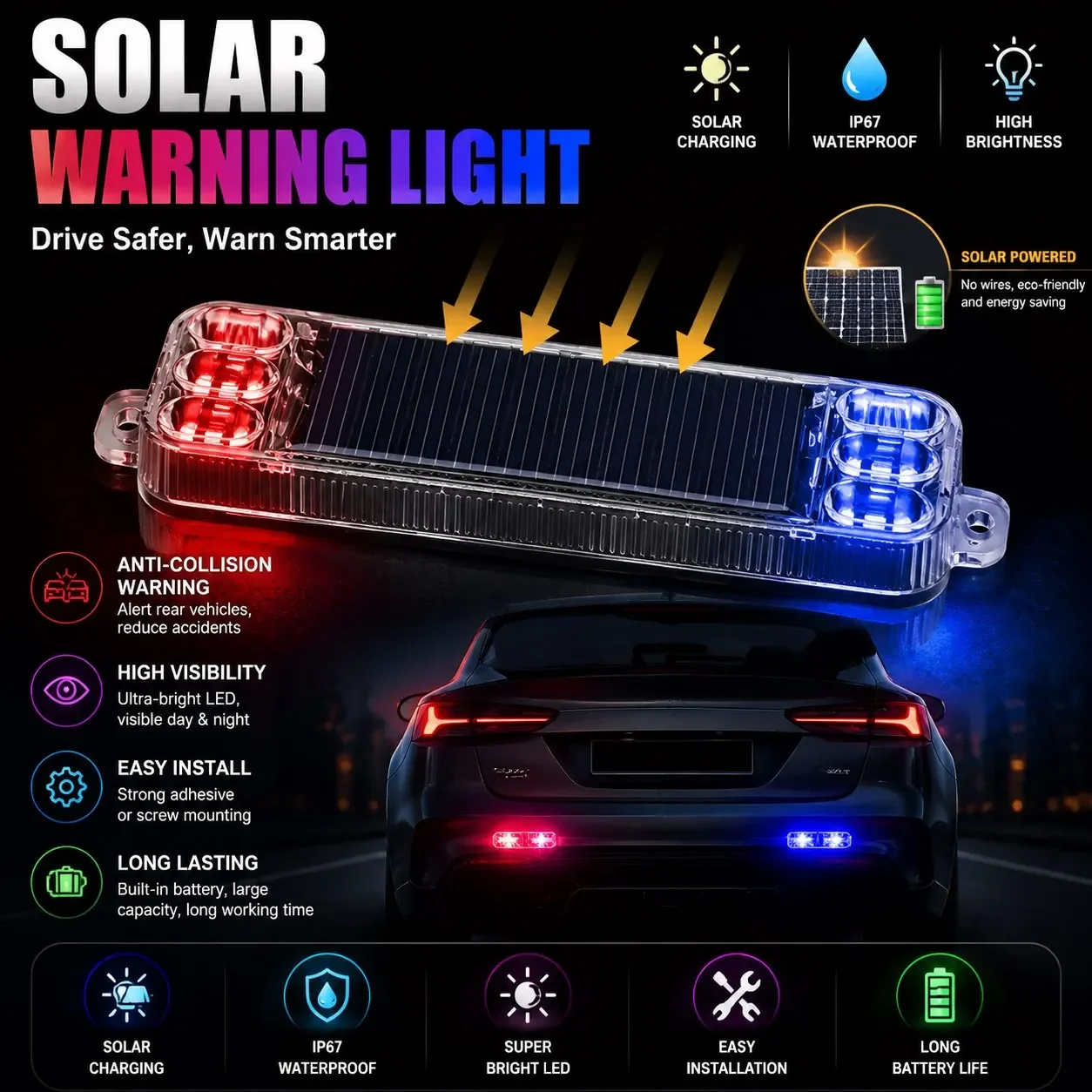 Solar LED Anti Collision Strobe Warning Tail Light Night Flashing Parking Safety Lamp For Car Motorcycle Bicycle Accessories