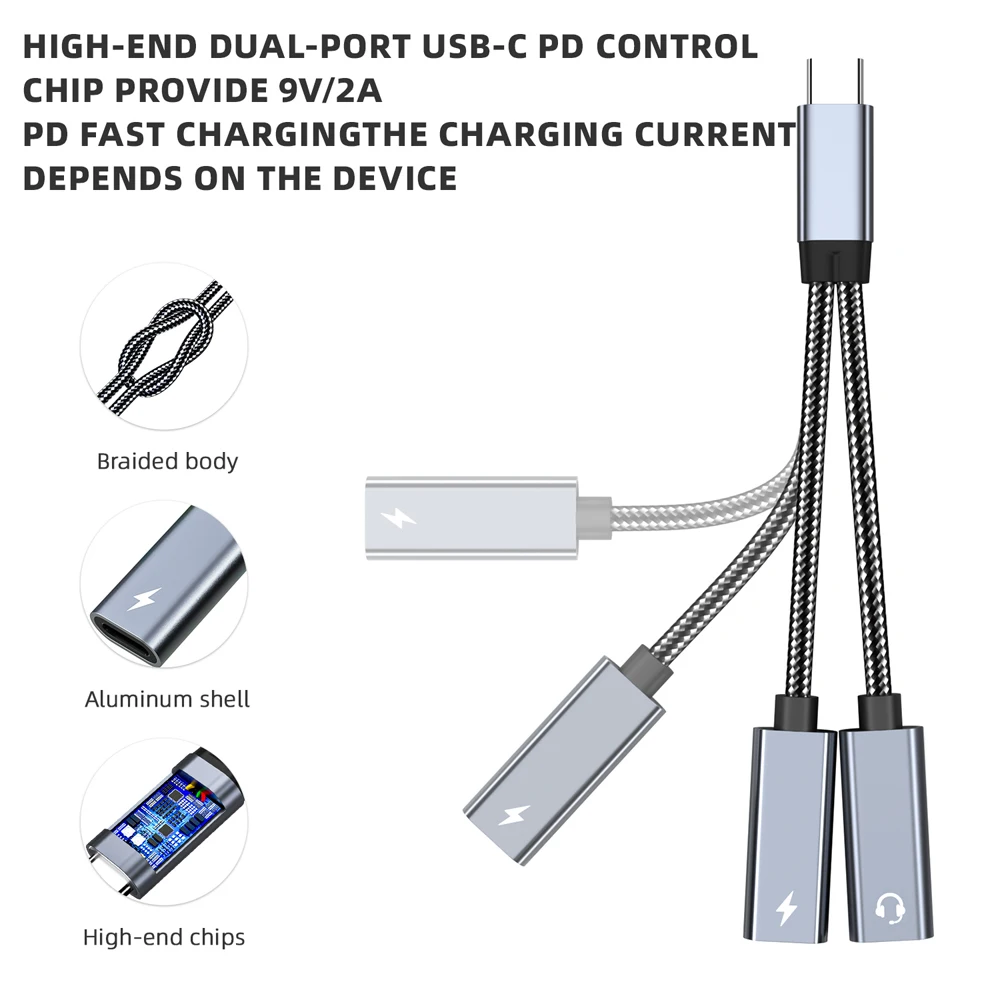 USB Type C to Dual USB C Earphone Jack Adapter For iPhone 15 PD 60W Samsung Audio Aux Splitter iPad Pro Type-C Male to 2 Female