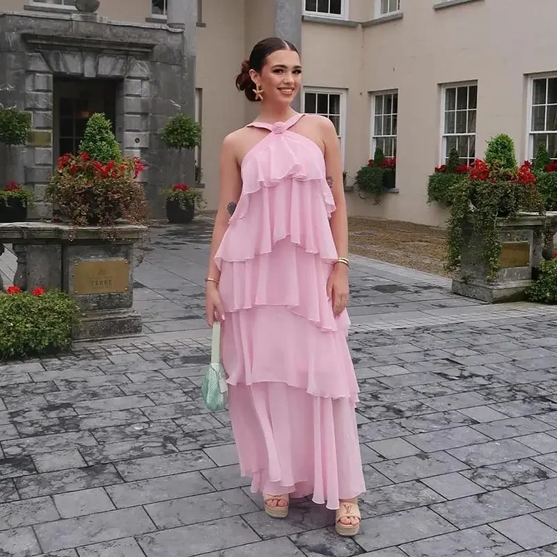 3d flor babados em camadas vestidos femininos elegante chiffon sem costas sem mangas fofo vestido longo 2025 verão nova senhora praia robes