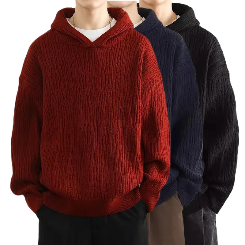 

Large Size Hooded Knit Sweater Men's Striped Pullover