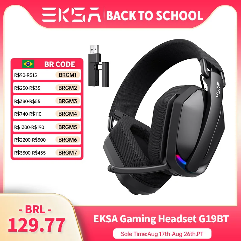 EKSA G19BT Fones de ouvido para jogos sem fio de 2,4 GHz Ultraleve Bluetooth 5.4 Fone de ouvido para PC/PS5/Xbox