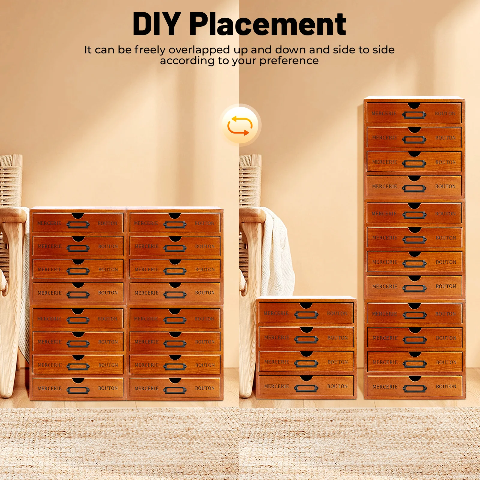 

4 Pcs 16 Drawers Drawer Organizer Wooden Storage Box Pine Wood Iron Brown Retro Rectangular Tabletop 16kg Load
