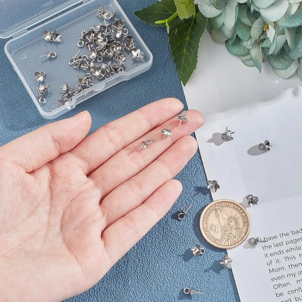 About 60Pcs Pendants Pinch Charm Connector Findings Pendant Bails Clasps Stainless Steel Cup Pearl Peg Bails Pin Pendants