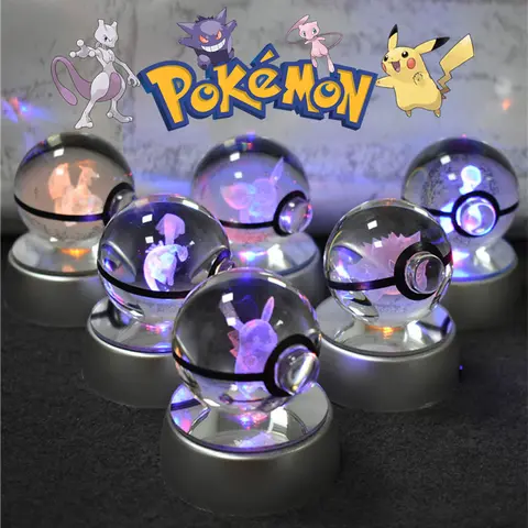 Pokemon Crystal Ball 3D Pikachu Gengar Mewtwo Night Light Lamp Pokeball 3D Glass Pokemon Crystal Ball Statue Kids Birthday Gift