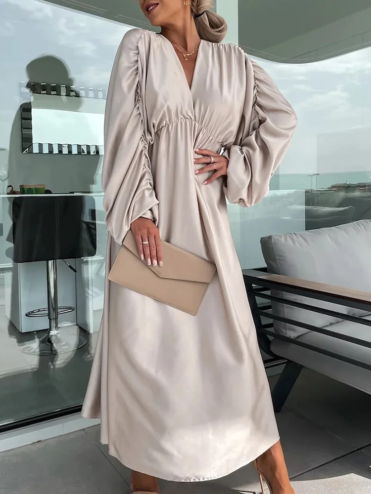 2023 Deep V-Neck Loungewear Party Dress Holiday Women Summer Long Sleeve Elegant Solid Shirring Elastic Waist Ladies Maxi Dress