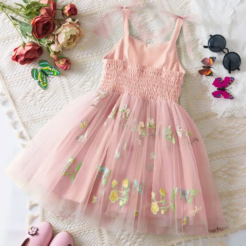 Summer New Baby Girl Dress Sweet Suspender Tulle Causal Princess Dress Flower Embroidery Bow Birthday Party Dress 1-5 Years