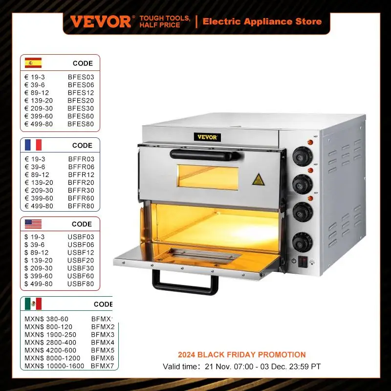 VEVOR Four à Pizza Électrique 3000 W Mini-Four à Chaleur 50 - 350 ℃ Four à Pizza Portable en Acier