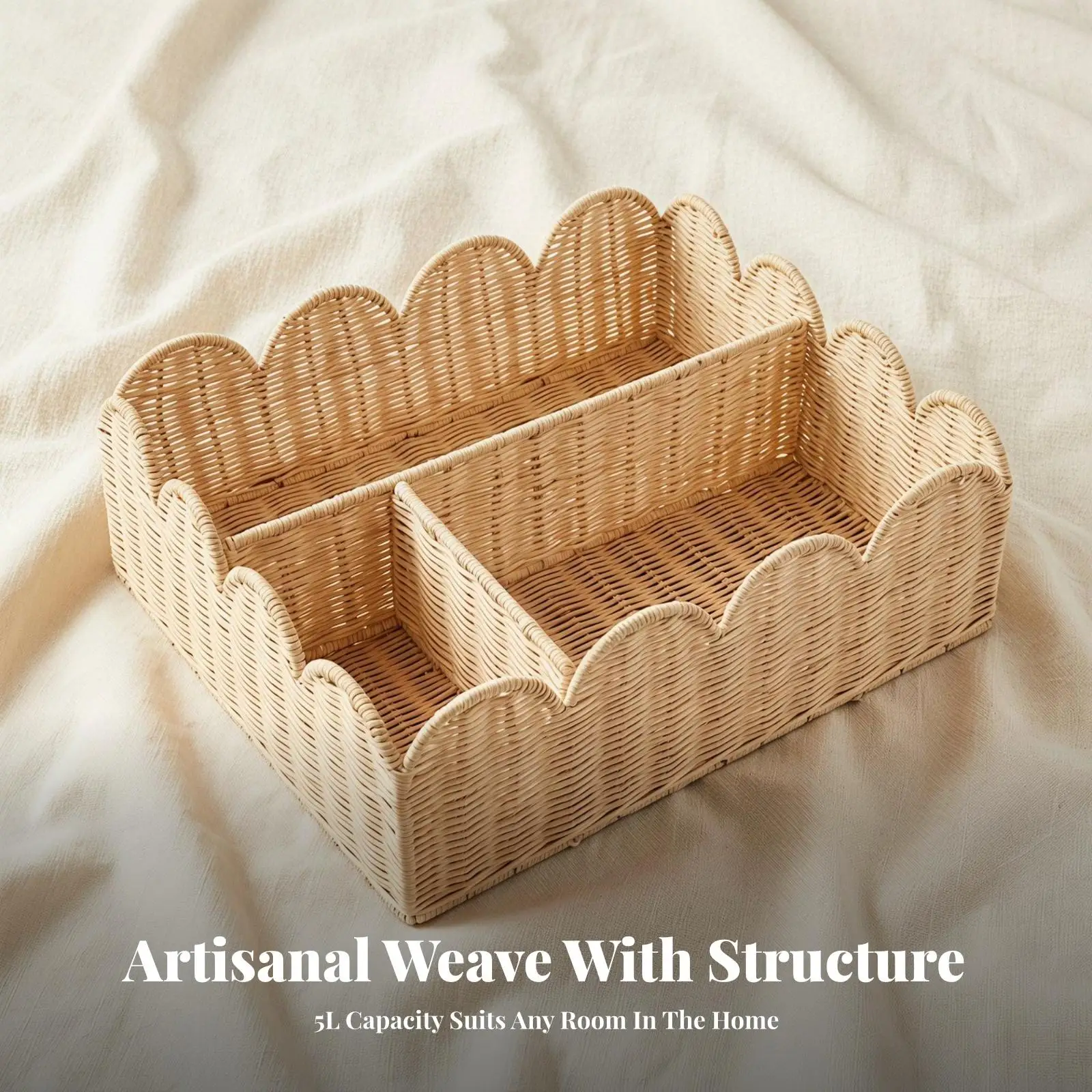 Handcrafted Rattan Storage Basket with Inner Dividers for Small Items Closet Shelf Declutter Solution