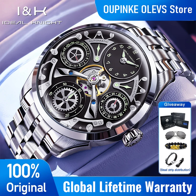 IDEAL KNIGHT 6820 Watch Luxury Men Original Brand Flywheel Automatic Mechanical Watch 50M Waterproof Watches For Man Gifts Box