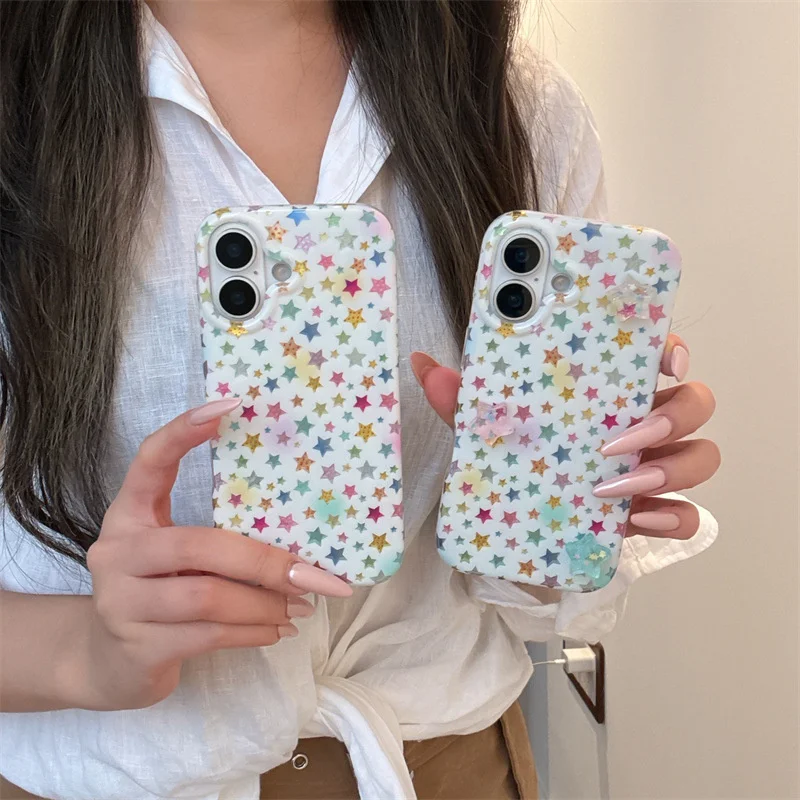 ويرلبول نمط IND بناتي القلب الملونة ستار جراب هاتف مع نجوم ثلاثية الأبعاد آيفون 11 12 13 14 15 16 17 برو ماكس
