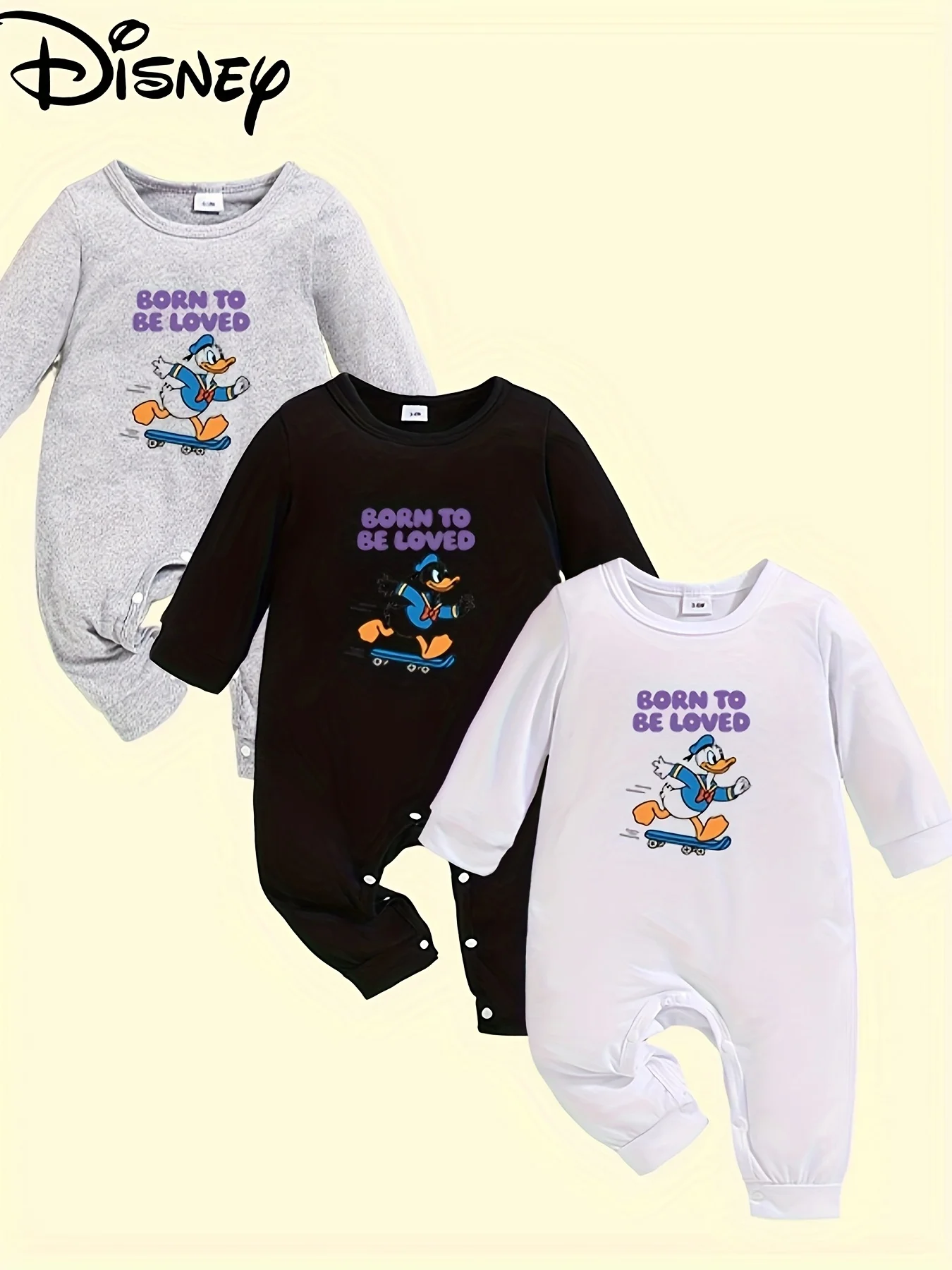 

【Officially Licensed | Disney 3-Pack】 Donald Duck Baby Long-Sleeve Rompers | Cute & Cozy