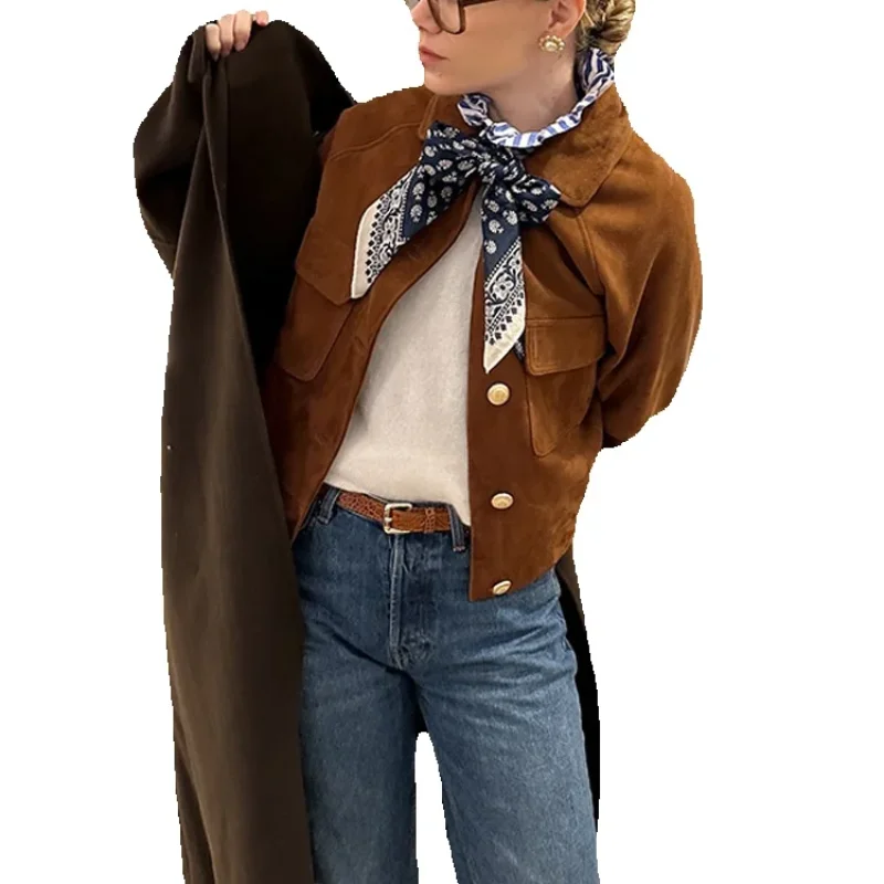 

Коричневая куртка в стиле ретро, матовые замшевые кожаные куртки, однобортное пальто с откидным воротником, 2025 г., женская осенне-зимняя модная одежда