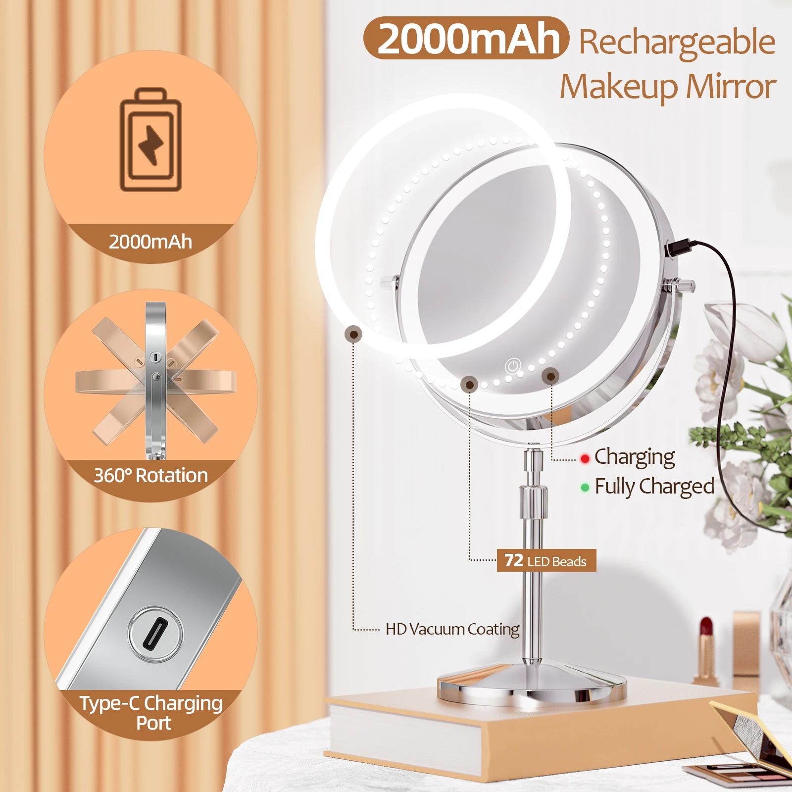 8 Inch Makeup Mirror Double Sided With Light Lamp 10X Magnification 3 Color Lights,Adjustable Brightness Height Mirror