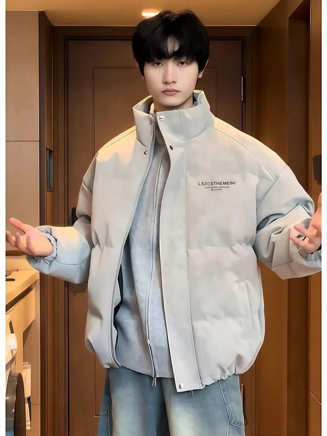 

Men's Winter Jacket Premium Cotton PU Leather down Bread Style Short Coat Youth Popular Casual Warm Thickened Zipper Closure