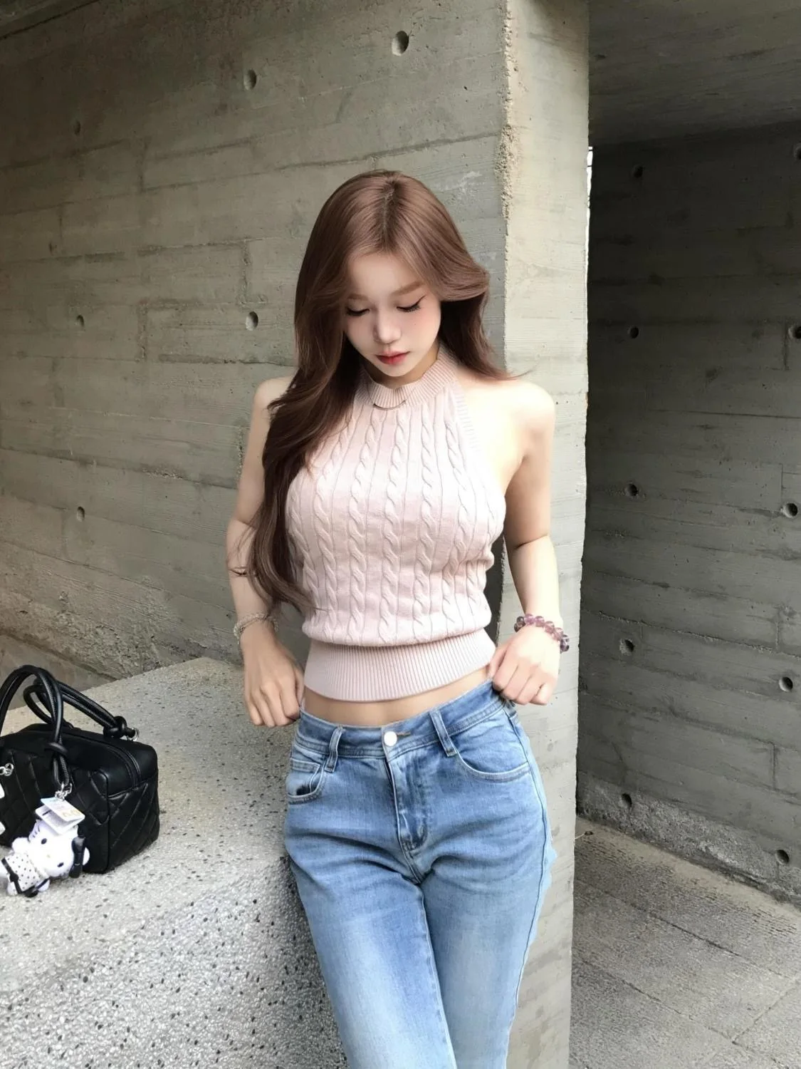 

KING BRAND Pink Twisted Knitted Crop Top Women's Slim Fit Inner Wear Sexy Sle ort Sve Color Casual Summer Vest