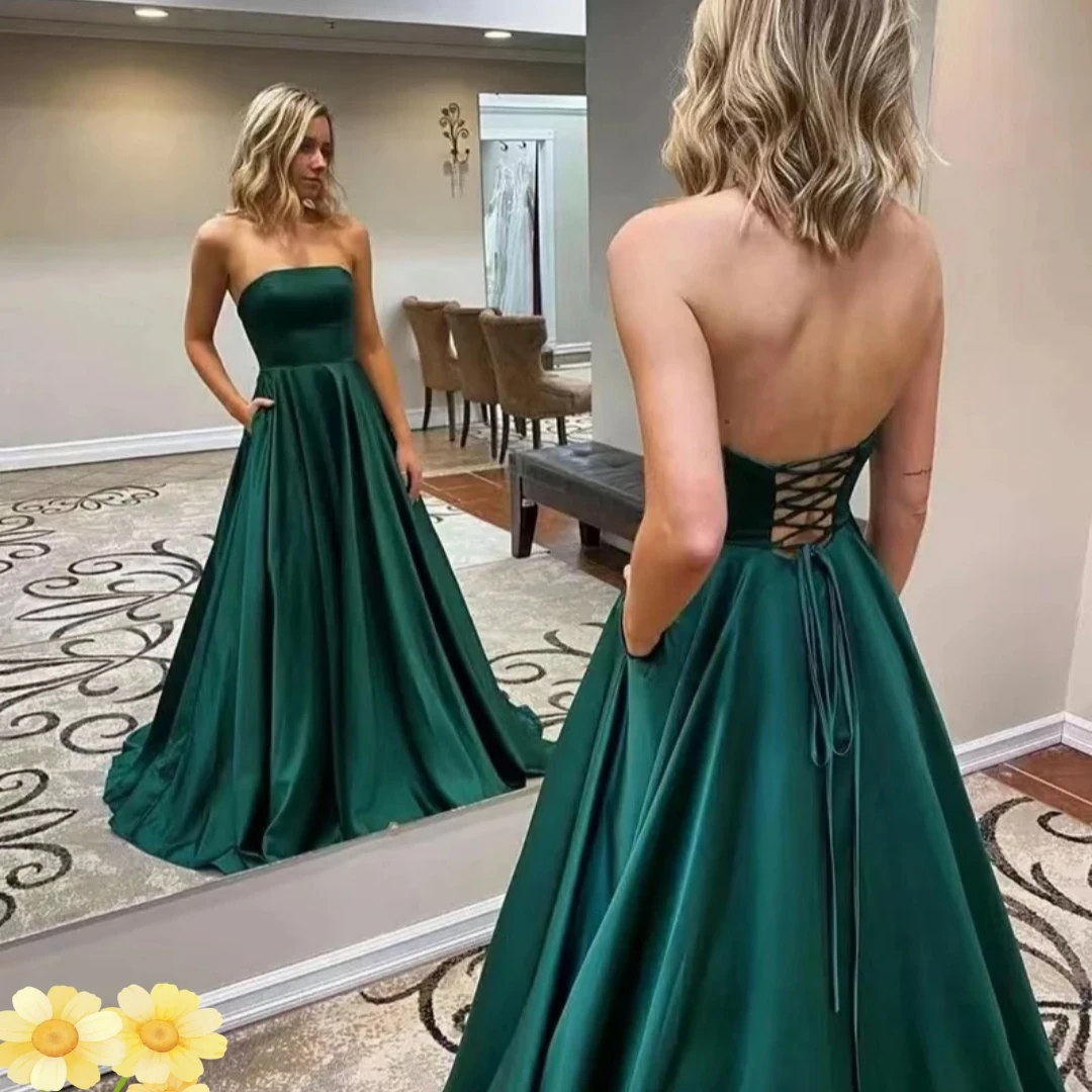 

Elegant Long Satin Green Prom Dresses with Pockets Strapless A-Line Formal Evening Homecoming Party Gowns فساتين مناسبة رسمية