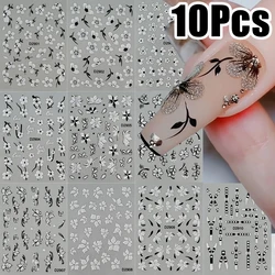 10Pcs 5D Black Gold Glitter Flowers set Nail Art Stickers Fall Leaves Nail Decals Watercolor Floral Adhesive Manicure Sliders