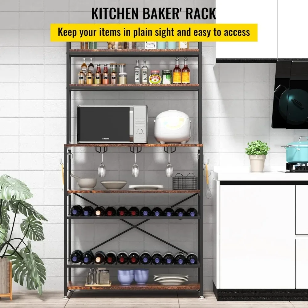 6 Tier Kitchen Bakers Rack With Wine Storage Home and Kitchen Dark Brown Freight Free Barware Dining Bar Garden