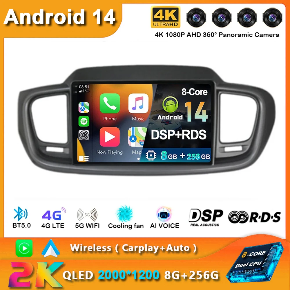 

Android 14 Car Radio Carplay For Kia Sorento 3 2014 - 2017 Navigation Multimedia GPS Player Stereo WiFi+4G Video BT 360 Camera