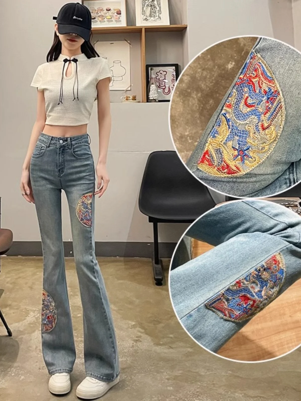 

High Waist Embroidered Micro Flare Jeans Women's Autumn Faion 2025 New Sle Retro Chinese Sle Bell Bot