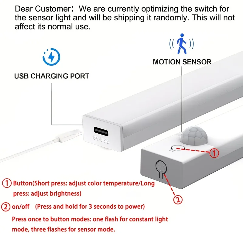 3pc LED Lights with Motion Detection - Adjustable Brightness for Cabinets, Rechargeable Via USB, Featuring Three Color