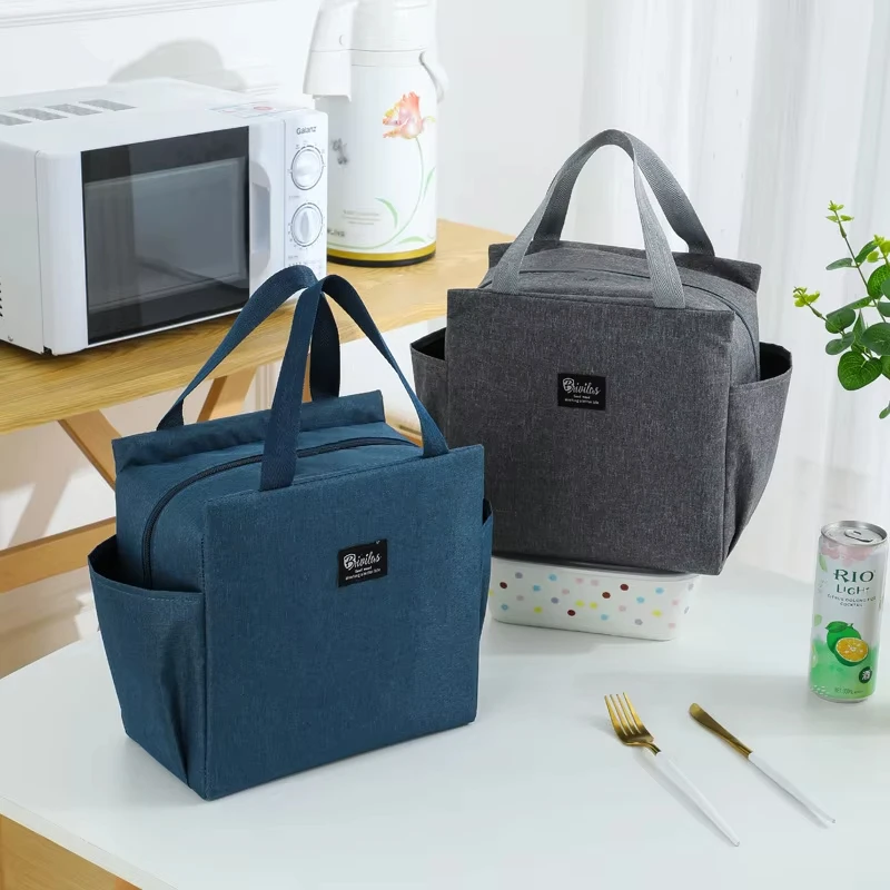 Double Pockets Portable Lunch Bag Lunch Box Insulated Canvas Tote Bag School Lunch Portable Dinner Box Picnic Food Storage