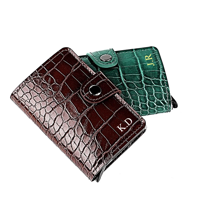 Custom Name Cowhide Vintage Card Holder Engraving Automatic Pop-up Crocodile Leather Pattern Man Business Card Case Wallet Gift