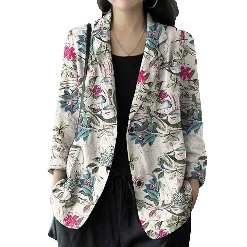 

JY 2024 New Women's Spring and Autumn Button Collar Coat Printed Long Sleeve Casual Retro Cotton and Hemp Women's Jacket