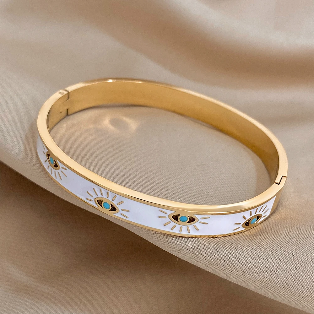ALLYES Trendy 316L Stainless Steel Devil Eye Bracelet for Women Charm White Enamel Wrist Waterproof Bangles Bracelets Jewelry