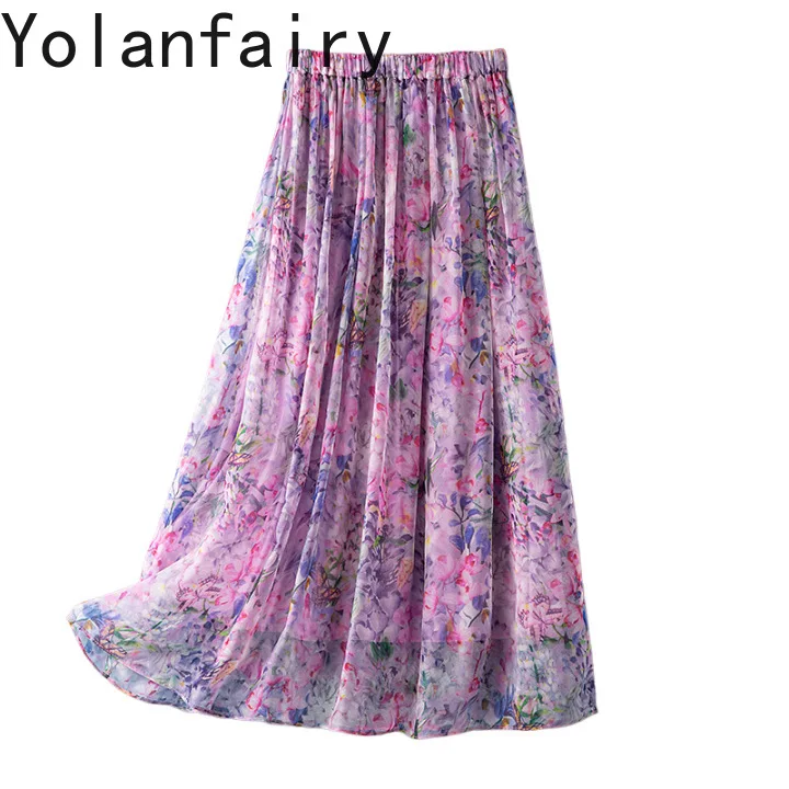 YOLANFAIRY 100% Real Mulberry Silk Skirts for Women Summer 2026 Fashion High Waist Floral Skirt Woman Clothing Bohemia Skirts