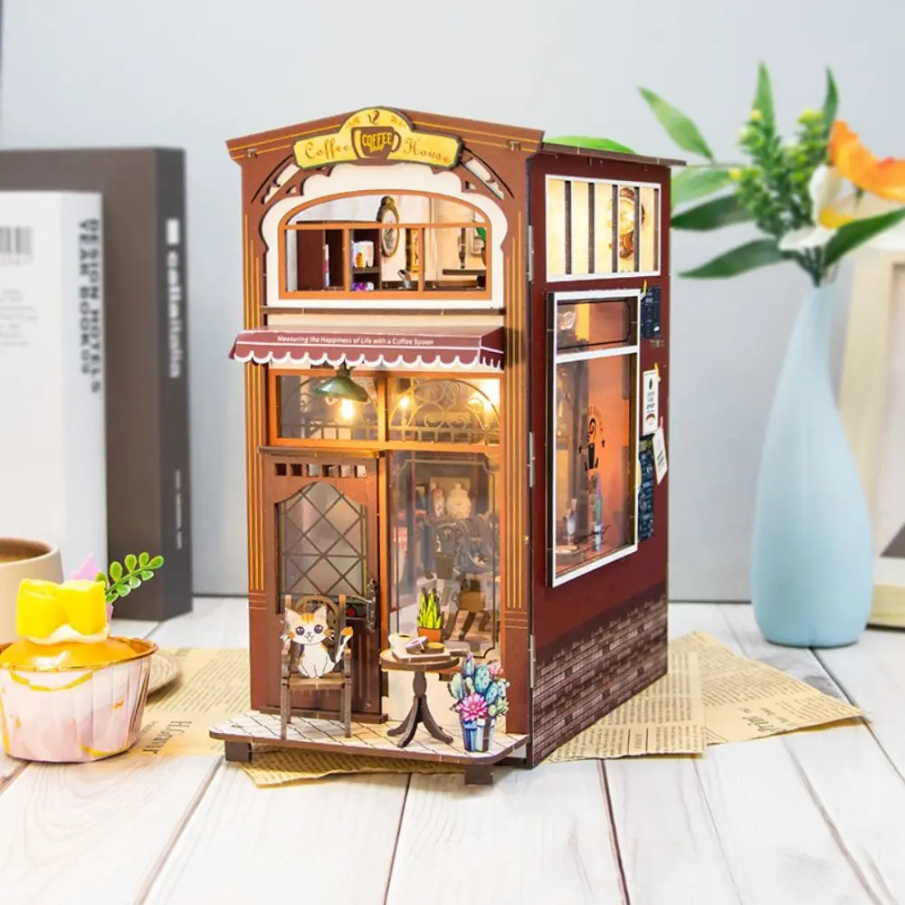 Coffee House Assembling Model Toy 3D with LED Light Assembly Wooden Dollhouse DIY Mini Dollhouse Furniture Miniature Toy Kids