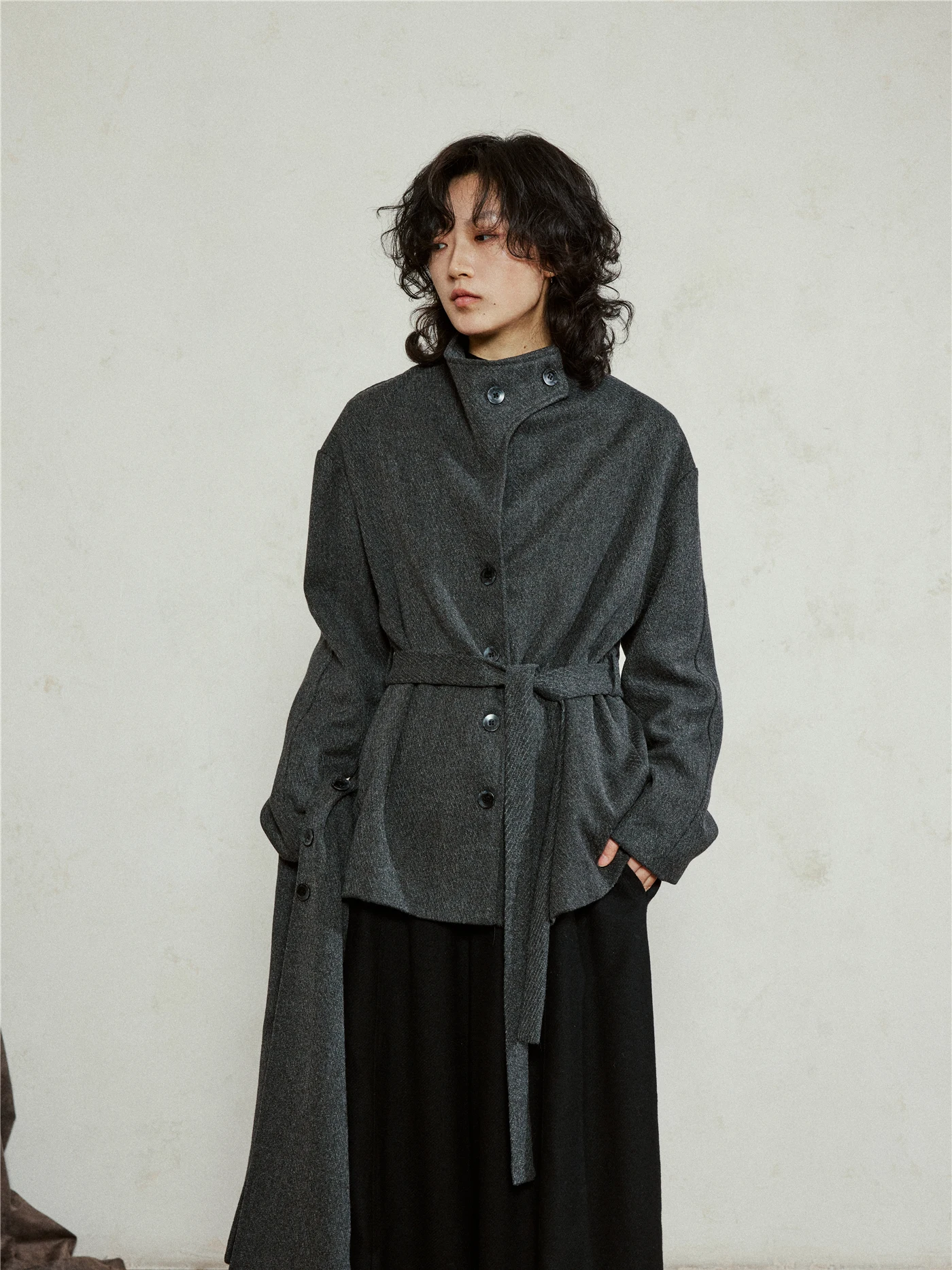 Sunyvonne Woolen Coat Medium Length with Scarf Waist-Cinching Turn-down Collar Short Outerwear Mountain Design Style Women's ...