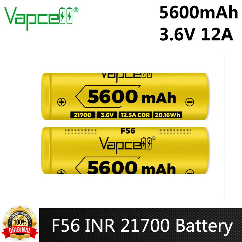 Original Vapcell F56 INR 21700 Battery 5600mAh High Capacity 3.6V Max 12A Rechargeable Lithium Battery For E-bike Scooter Toys