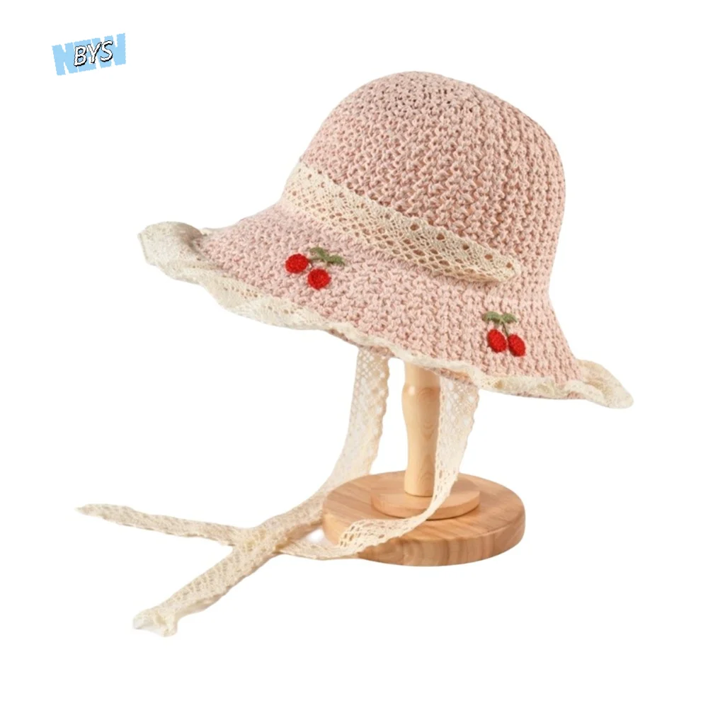 

Fashion Cherry Embroidered Women Sun Hat Solid Color Lace Straw Fisherman Hat Breathable Korean Style Woven Bucket Hat Holiday