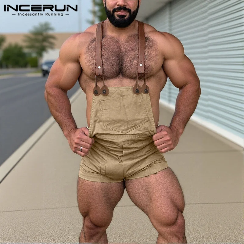 

Men Rompers Shorts Patchwork Sleeveless Streetwear Straps Jumpsuits Men 2025 Pockets Fashion Casual Suspenders Overalls INCERUN