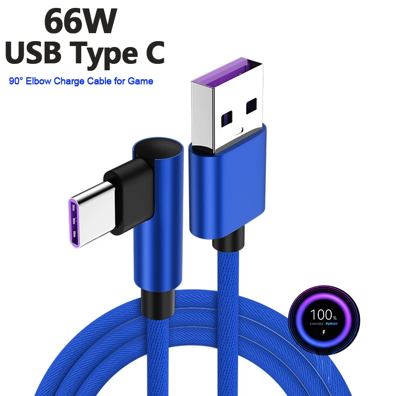 3A Fast Charging Cord 90 Degree Elbow Soft Weave For Playing Game USB To Type C Cable For Xiaomi Samsung Huawei Realme Charger