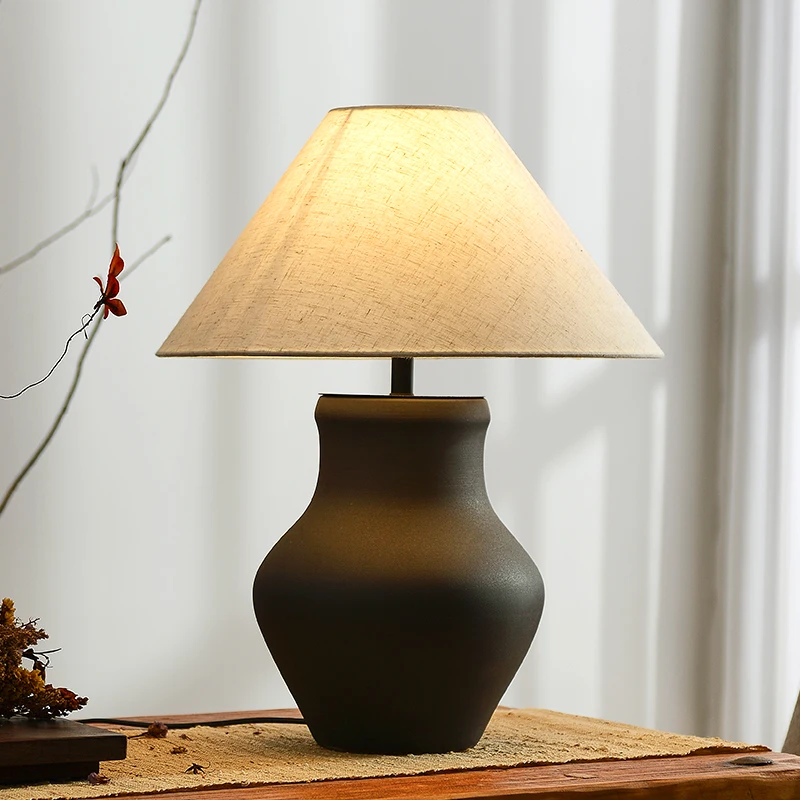 Vintage desk lamp bedroom wabi wind living room bed and breakfast art designer Japanese ceramic fabric bedside lamp