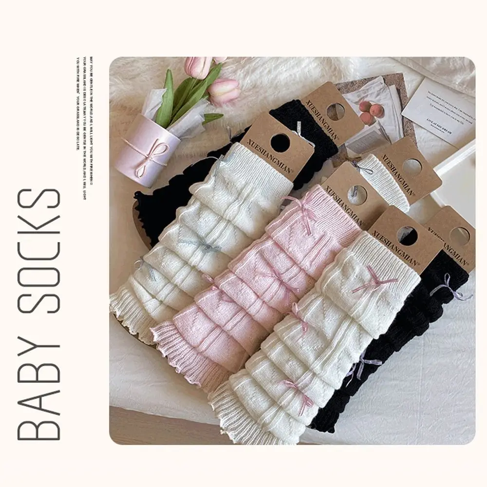 Kawaii Solid Color Leg Warmers Knitted Lace Trim Foot Cover Ballet Style Bow Ribbon Children's Foot Warmer Children Wear