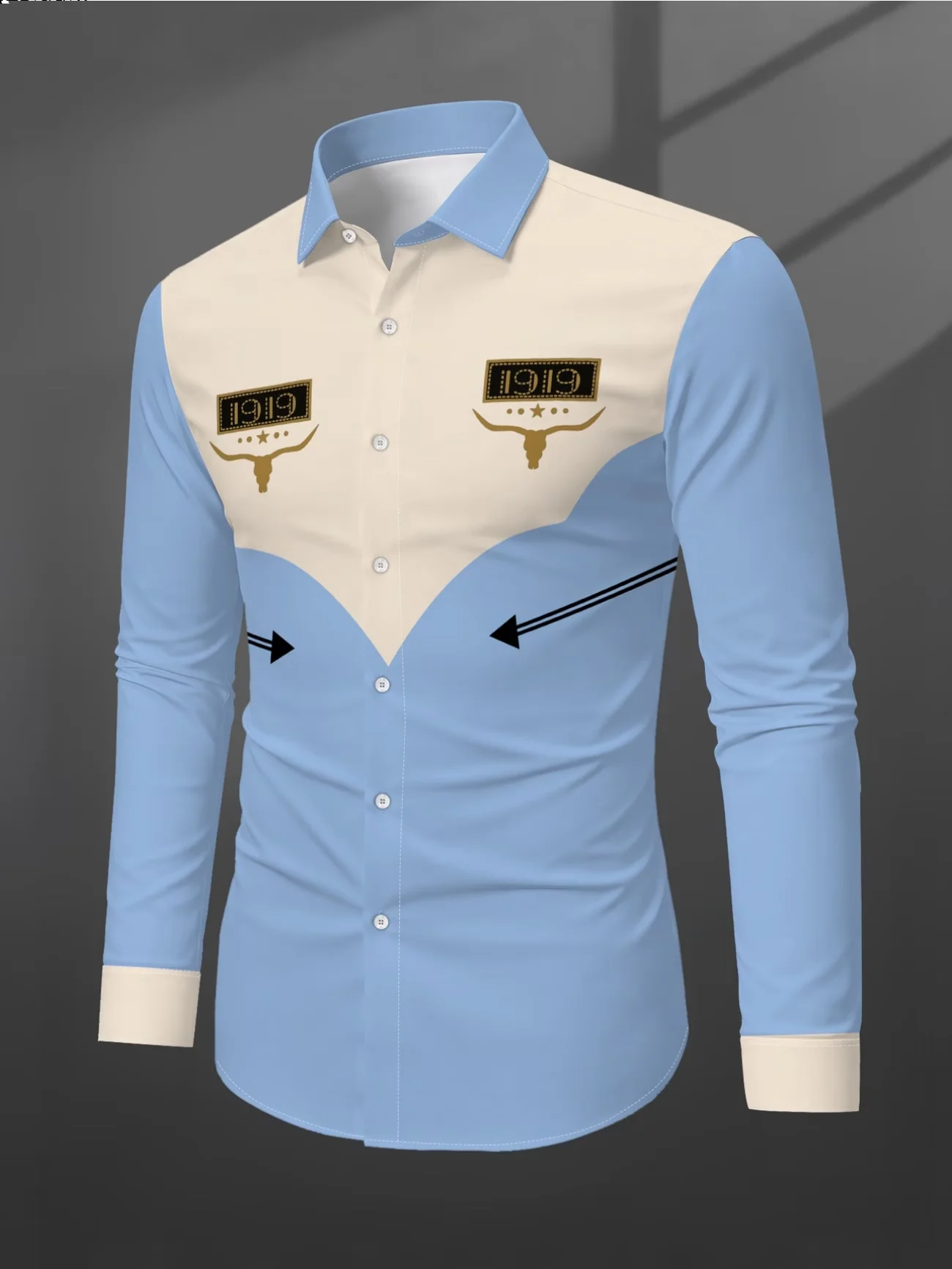 New blue and white spliced western denim style cow head print men's long sleeved shirt retro slim casual shirt