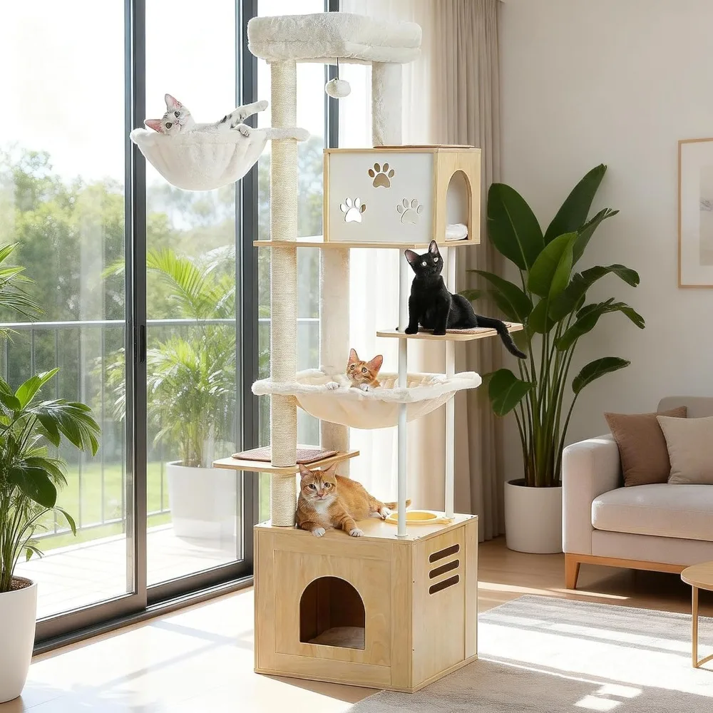 

Large Cat Tree with Food Station, 74.8 Inches Wooden Tall Cat Tower with Extra Large Condos and Hammocks, Customized