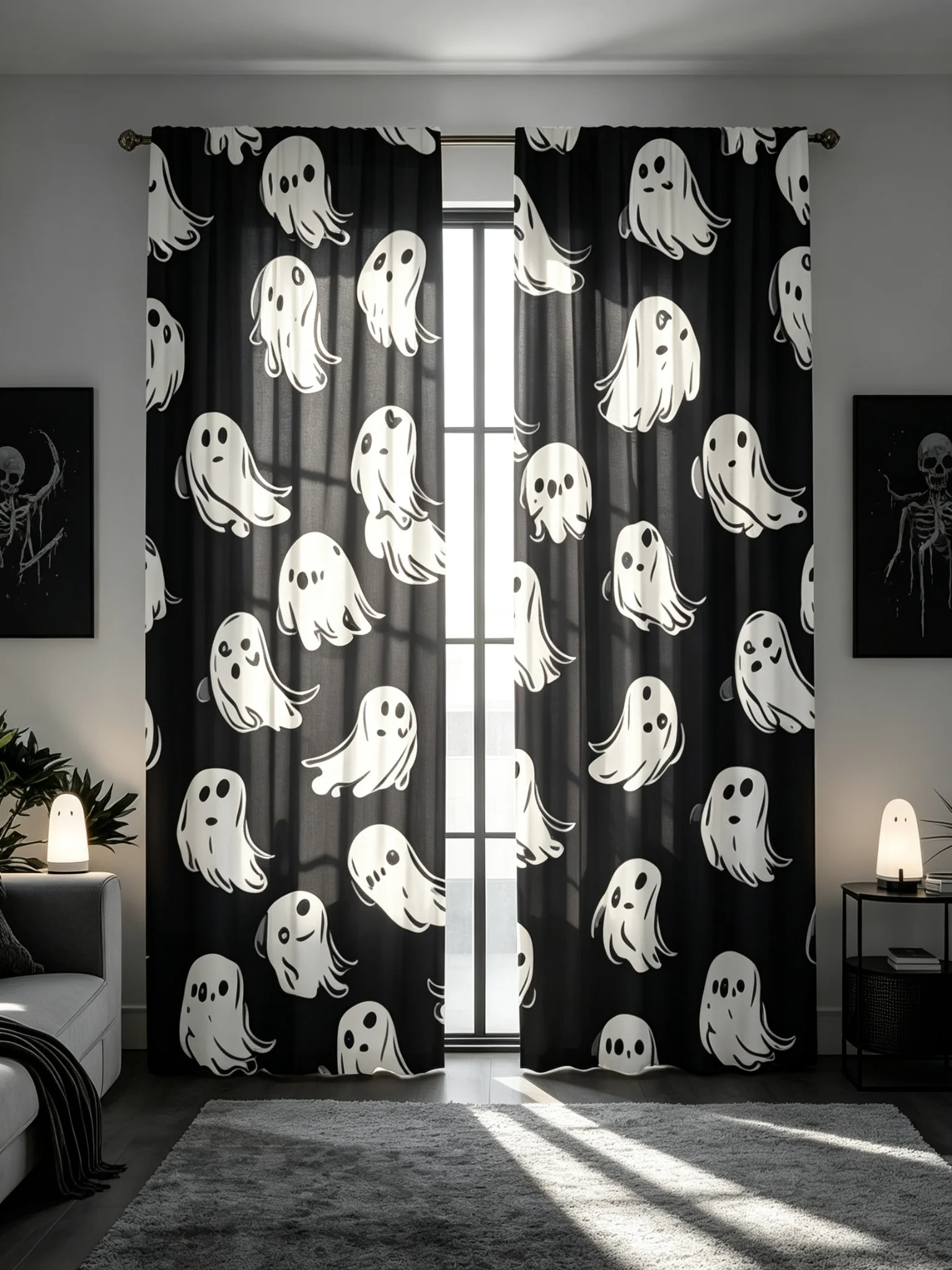 2PCS Halloween Digital Print Curtains, White Ghost Silhouette Black Background, Minimal Spooky Style, Bedroom Living Room Decor