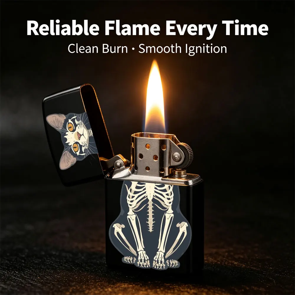 Pocket Lighter, Flip Top Design, Metal Case, Skeleton Print, Windproof Flame, Comfortable Grip, Portable & Durable