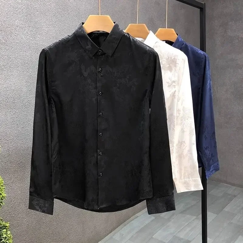 Men Lightweight Floral Jacquard Long Sleeve Dress Shirts Turn Down Collar Button Up Casual Business Blouses For Spring Autumn