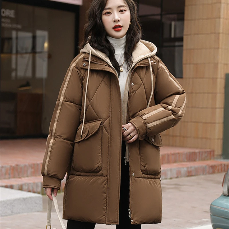 

Winter New Mid Length Women Down Cotton Patchwork Coat Thick Cotton Coat Loose and Warm Fashion Women Snow Coat Women Jacket