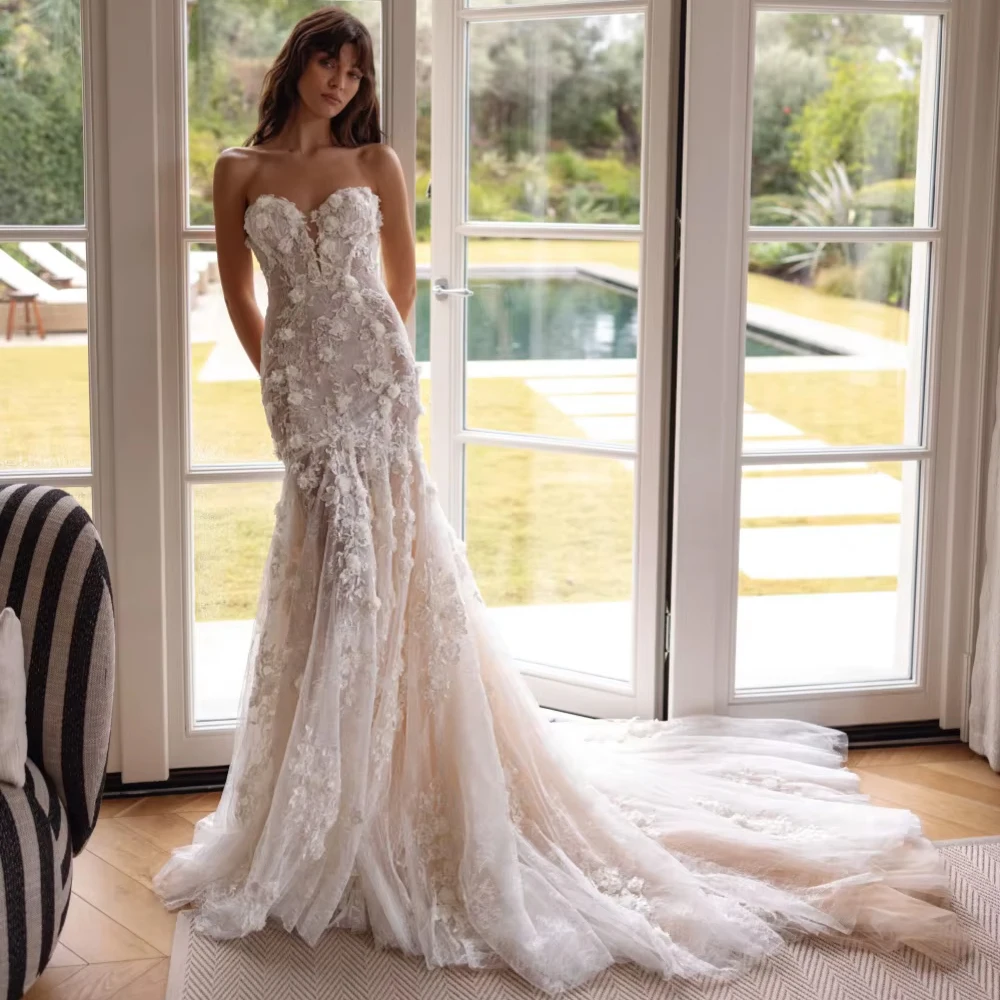 

Изящное свадебное платье-русалка с 3D цветочным кружевом, длиной в пол, с открытыми плечами, романтичное, новое, на заказ