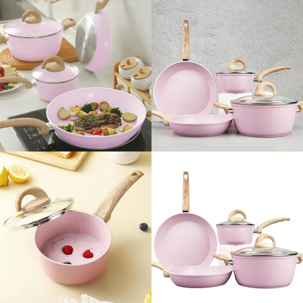 

Ceramic Non-Stick Cookware Set with Granite Design, Induction Compatible, Includes Frying Pans, Saucepans, Casserole in Pale Pin