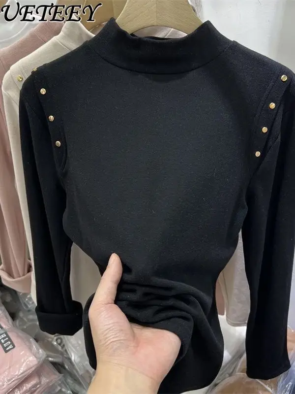 

Autumn Winter New Beaded Half Turtleneck T-Shirt Warm Double-Sided Thermal Long Sleeve Tshirt Women Fashion Black Base Shirt