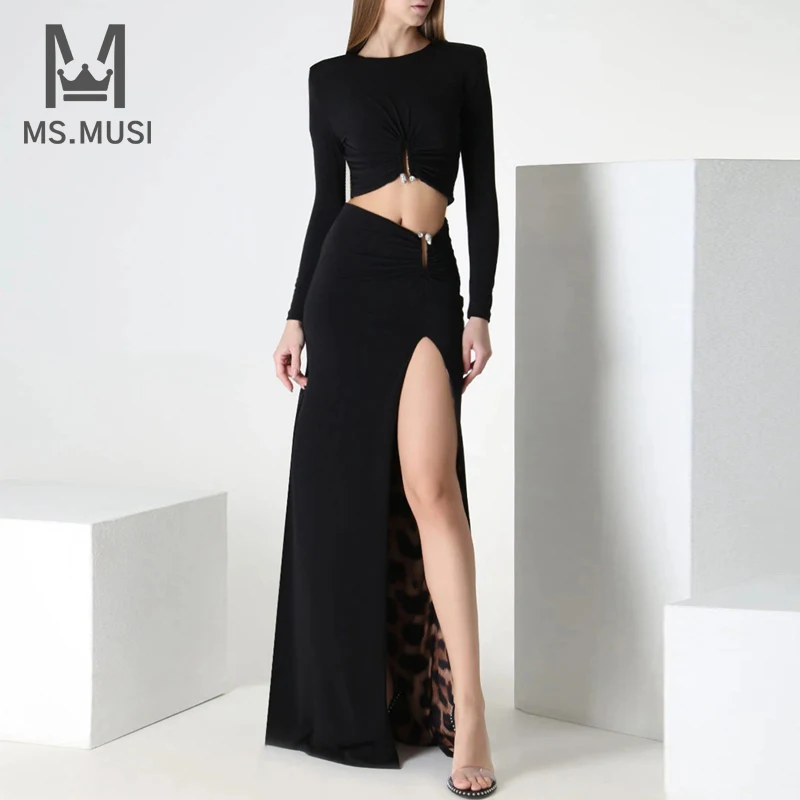 MSMUSI 2024 New Fashion Women Sexy Patchwork V Neck Two Piece Set Bodycon Party Long Sleeve Top Slit Long Maxi Skirt Set Suit